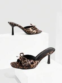 CUCCOO SZL Leopard Print Satin Square Toe Mule Sandals With Bow Decor, Fashion High Heels