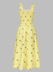 女式夏季法式休闲度假黄色褶饰方领多层荷叶边花卉印花长裙 - 彩色 - 查看 2
