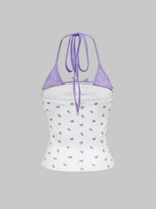 ROMWE Kawaii Camiseta sin tirantes con estampado floral diminuto y encaje con lazo frontal, diseño lindo y veraniego para mujeres