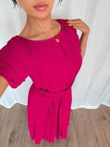 Rafferiza 法式休闲华丽浪漫腰带款式女士优雅连衣裙纯色女士连衣裙女士优雅连衣裙女派对连衣裙 - 酒紅色 - 查看 3