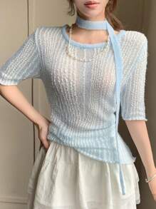 DAZY Women's Contrast Color Crochet Hollow Out Lace Mesh Pullover Short Sleeve Knitted Top With Tie Details, Spring/Summer - Blue - View 11