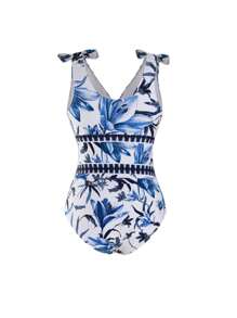 Swim Oasis Plus Size Women 2 Pieces High-End "Oasis" Set: V-Neck One-Piece Swimsuit With Blue & White Floral Print, Paired With Matching Floral Print Maxi Skirt, Suitable For Summer Beach Vacation