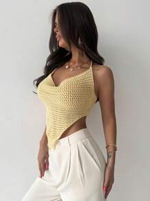 SHEIN Privé Camiseta de punto ajustada con cuello de halter y nudo - Amarillo - Ver 10