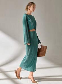 CLARA VERO Conjunto de falda recta plisada y top de cuello redondo elegante de color verde sólido para mujer