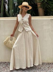 DAZY 2件套女士纯色无袖单排扣背心和半裙套装，春夏款 - 卡其色 - 查看 6