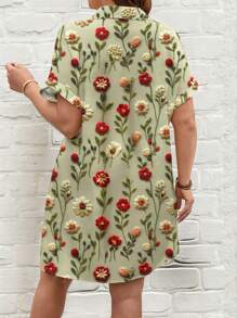 SHEIN LUNE 大码女式超长衬衫裙，带 3D 数码花卉印花 - 卷起袖子修身设计（非刺绣）