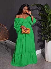 SHEIN CURVE+ Plus Size V-Neck Dress For Summer Holiday, Orange Boho Vacation Beach Outfits For Woman/Beach Dress/Beach Vacation Outfits/Beach Essentials / Graduation/Tea Party Dress - Green - View 5