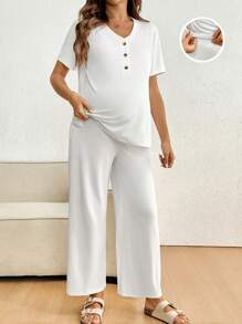 SHEIN 2 件装孕妇夏季简约纽扣前短袖上衣和可调节腰围裤子套装