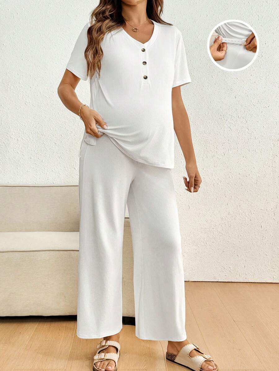 SHEIN 2 件装孕妇夏季简约纽扣前短袖上衣和可调节腰围裤子套装