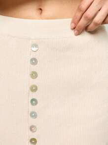 AiiRZ Ribbed Knit Button Detail Midi Skirt Column Pencil Style Autumn Winter Elegant Office Wear - Apricot - View 4