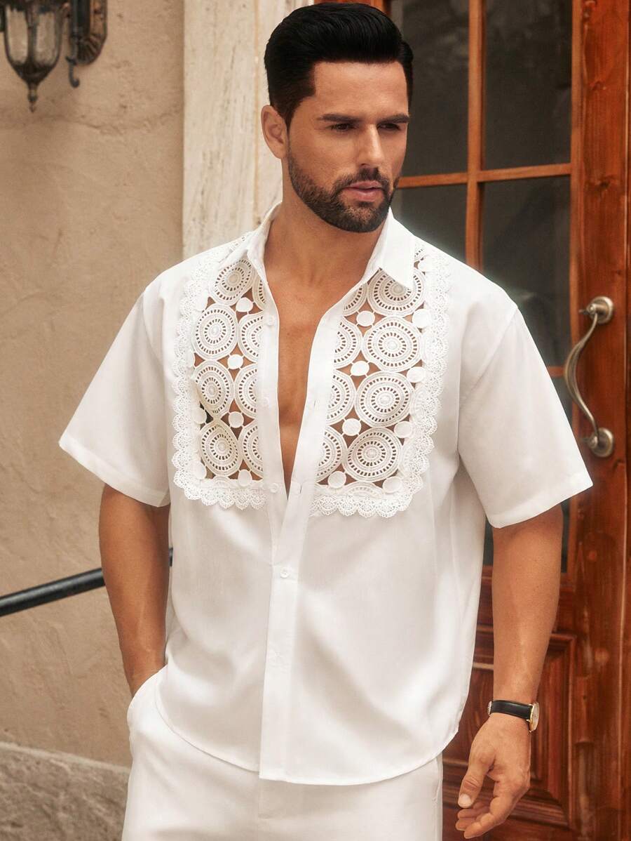 HIMLAND Áo sơ mi tay ngắn lưới trong suốt viền ren trắng giản dị dành cho nam, phù hợp cho mùa hè - trắng - Xem 1