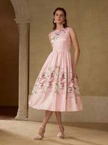 MOTF PREMIUM 花卉印花喇叭下摆连衣裙 - 粉色 - 查看 1