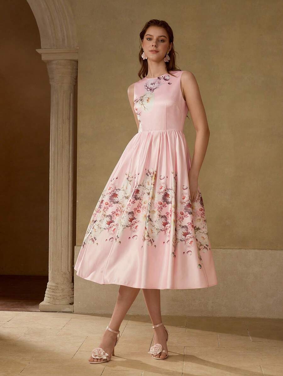 MOTF PREMIUM 花卉印花喇叭下摆连衣裙 - 粉色 - 查看 1