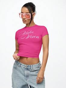 SUMWON WOMEN Video Vixen Baby Tee Fitted Crop Top Y2k Fashion Statement Graphic Print Short Sleeve Summer Festival Streetwear - Hot Pink - View 4