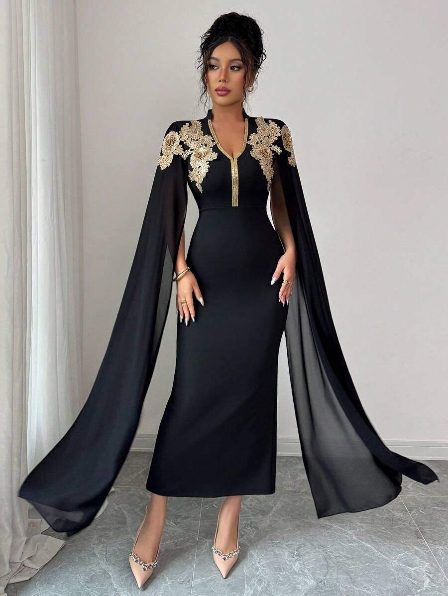 Elenzga Rochie de damă cu mânecă lungă, brodată, cu decolteu în V - imagine 5