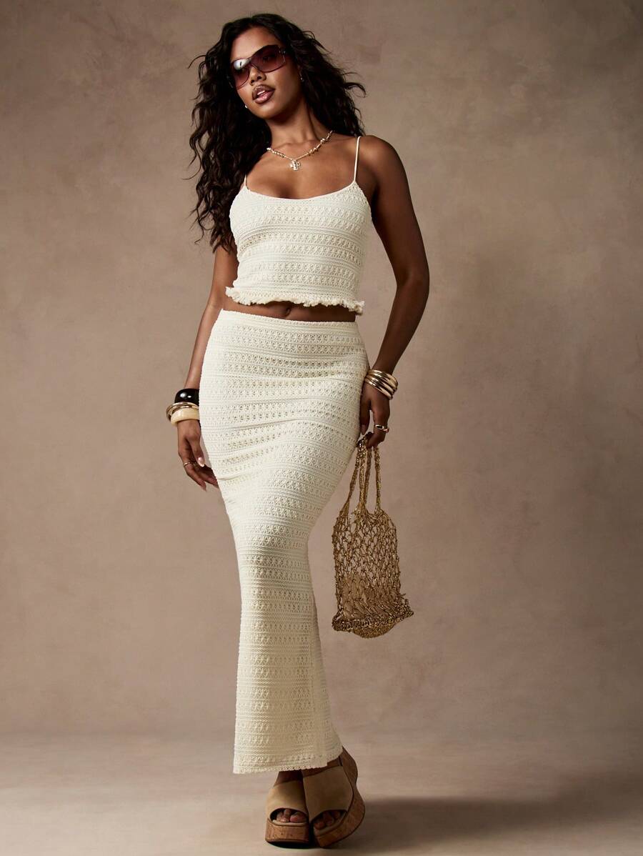 MISSGUIDED Crochet Knit Summer Festival Crop Top High Waist Maxi Skirt Set Beach Vacation Resort Wear Beachwear