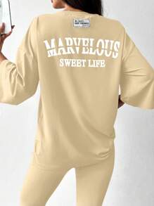 Mulvari 女士夏季休闲字母印花T恤和紧身裤两件套 - 卡其色 - 查看 2