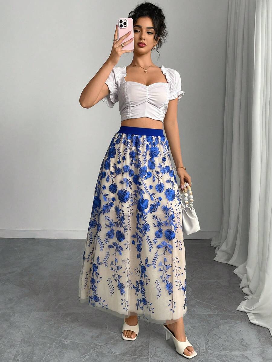 Elenzga Women's Elastic Waist Floral Embroidered Mesh Elegant A-Line Skirt, For Vacation - Blue - View 1