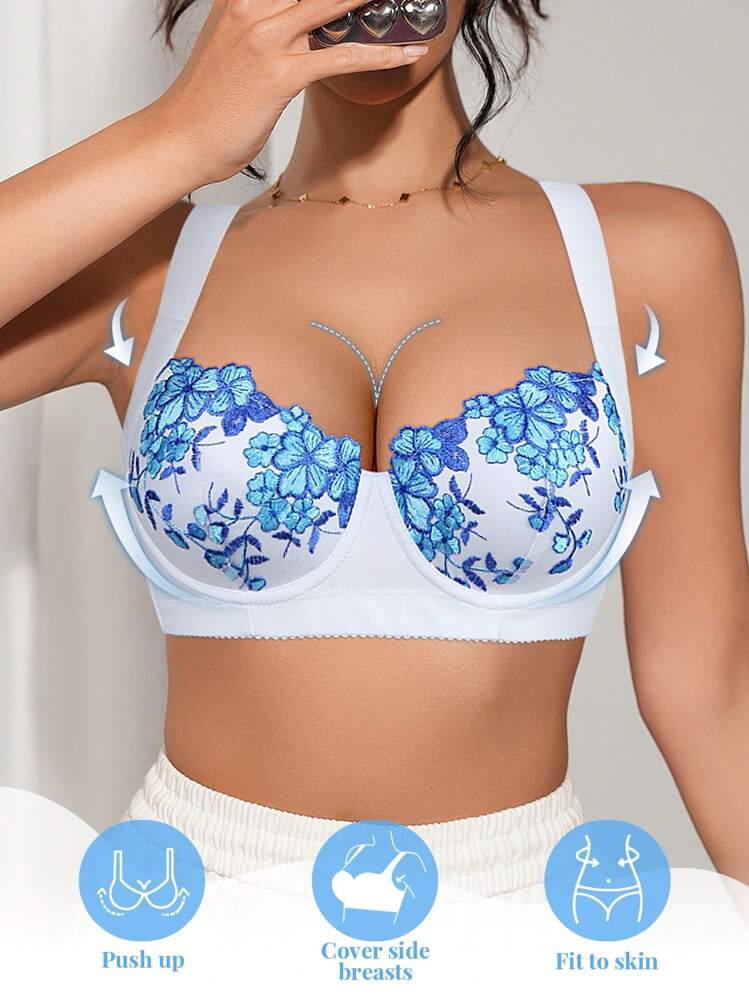 SHEIN 1 Áo ngực có gọng dành cho nữ, Áo ngực nâng đỡ thêu dây rộng thoải mái, dễ mặc, có thể điều chỉnh - Xanh và trắng - Xem 1