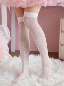 ROMWE Kawaii 1 Paar Spitzen Kreuzbänder Oberschenkel Overknee Socken, Lolita Punk Stil Fake Stiefel Strümpfe, Damen Overknee Strumpfhosen