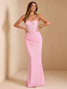 SHEIN BAE 女士蕾丝网眼拼布吊带连衣裙，适合毕业派对、婚礼宾客、约会、宴会、派对、朋友聚会、夏季 - 粉色 - 查看 5