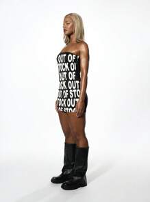 SUMWON WOMEN Bandeau Statement Lettering Mini Dress Aesthetic Festival Party Night Out Clubwear Strapless Bold Graphic Text Print Bodycon - Black - View 4