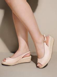 CUCCOO CURVES 加大码宽版坡跟凉鞋，厚绳鞋底，露趾，后带，夏季度假鞋 - 杏色 - 查看 5