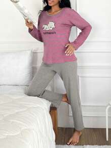 EURMUSE 100%Cotton Striped & Cartoon Graphic PJ Set - Hot Pink - View 3