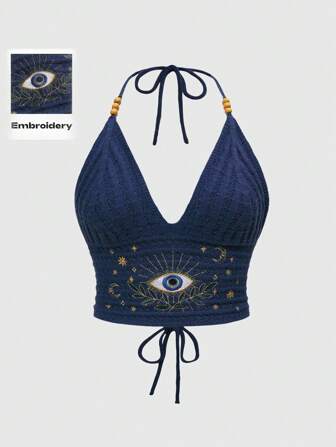 Hippie Top en tricot style bohème hippie vibe vacances pour femmes grandes tailles, avec broderie soleil, lune et étoile