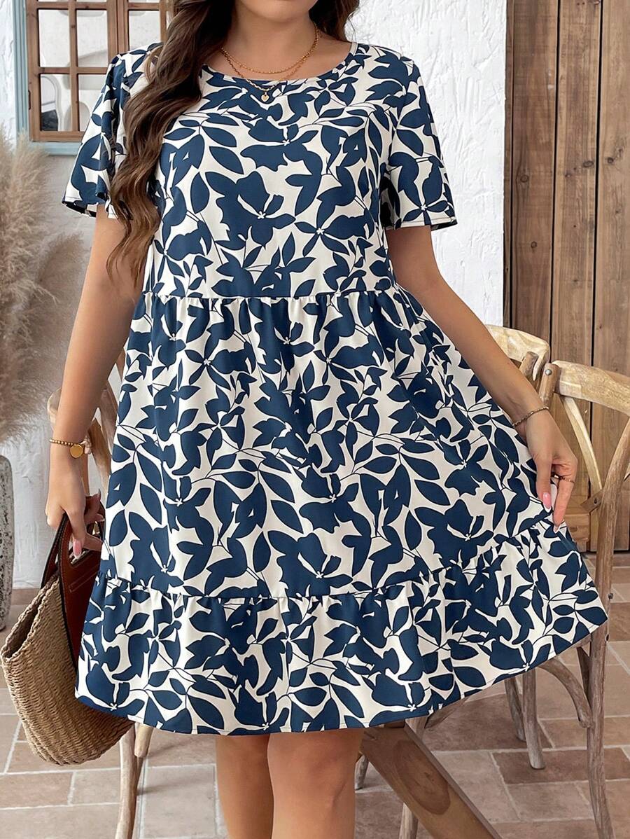 SHEIN LUNE Plus Size Summer Casual Allover Print Round Neck Ruffle Hem Dress Graduation Outfit,Sun Dresses For Women - Blue and White - View 1