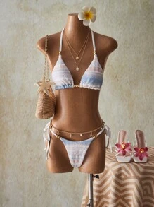 SHEIN ICON Bộ bikini gợi cảm kẻ sọc buộc dây đi biển mùa hè cho nữ - Nhiều màu - Xem 1