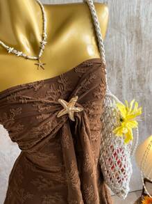 Elamini 棕色提花面料金属海星装饰露背荷叶边下摆迷你连衣裙，双层，优雅性感可爱，适合节日、休闲、派对、日常穿着、约会、复古 - 棕色 - 查看 6