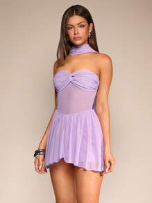 Glamine Mesh Patchwork Twist Crop Top Dress - Purple - View 3