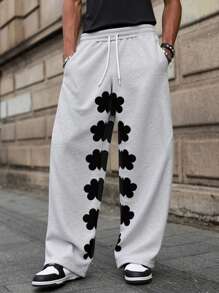 Manfinity EMRG Quần nỉ nam họa tiết hoa cạp rút dây thường ngày - Xám - Xem 1