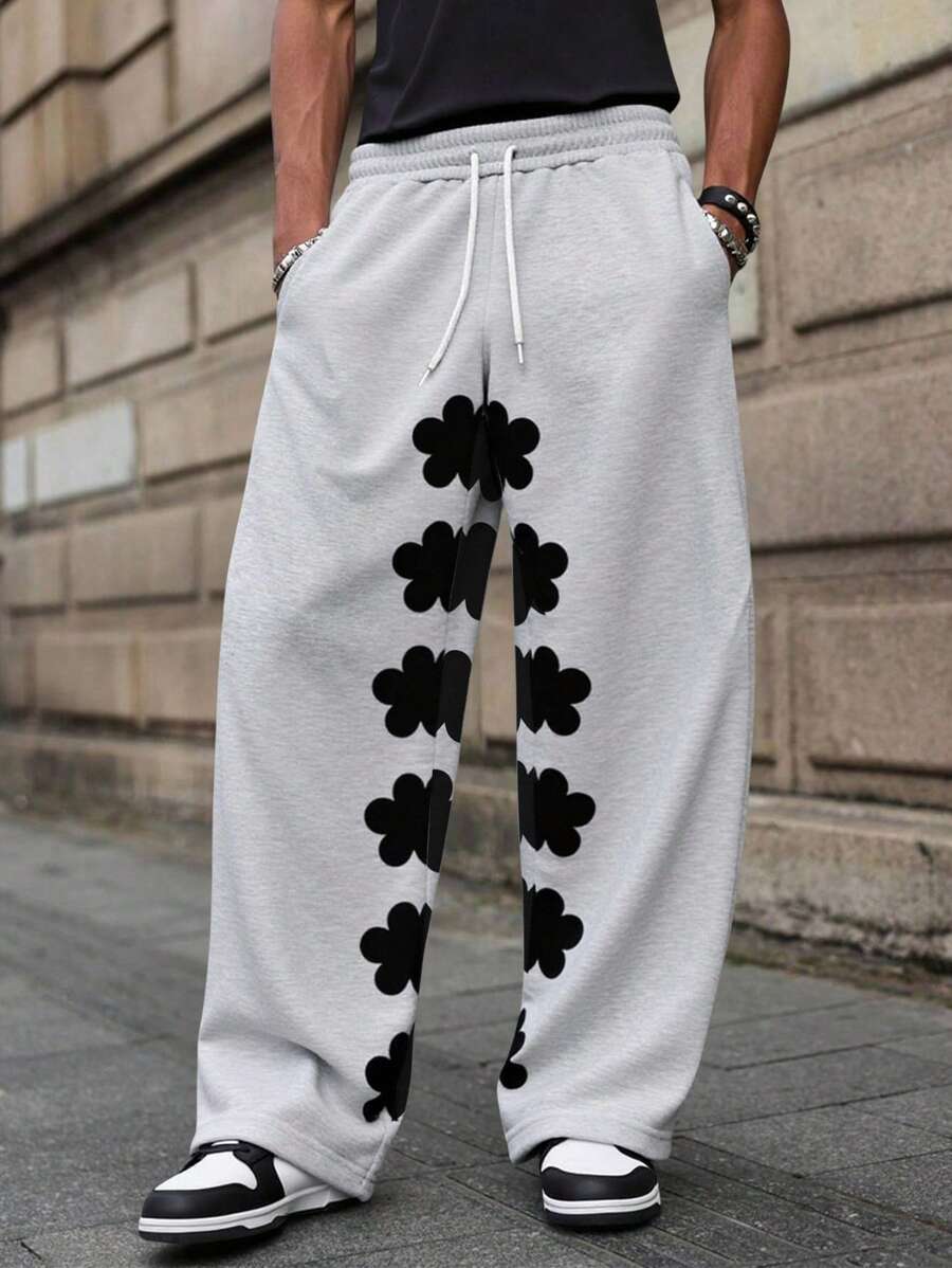 Manfinity EMRG Quần nỉ nam họa tiết hoa cạp rút dây thường ngày - Xám - Xem 1