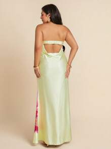 SHEIN BAE Plus Size Women Satin Print Open Back Dress, Spring/Summer,4th Of July Curve,Beach Outfit For Women,Airport Outfit Women,Festival Outfits Women,Graduation ,Women Summer Clothes,Going Out Tops Women,Rave Outfits,Club Outfits Women Sexy,Birthday Outfits For Women,Holiday Outfits,Wedding Guest Dress Women,Graduation Dress,Yellow Butter,Summer Dresses For Women - Apricot - View 3