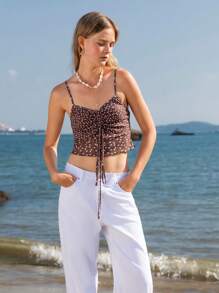 Lumivelle Women Polka Dot Pleated V-Neck Camisole Top, Slim Fit & Versatile - Coffee Brown - View 5