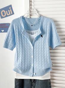 Women's Short Sleeve Patterned Knit Cardigan - Blue - View 1