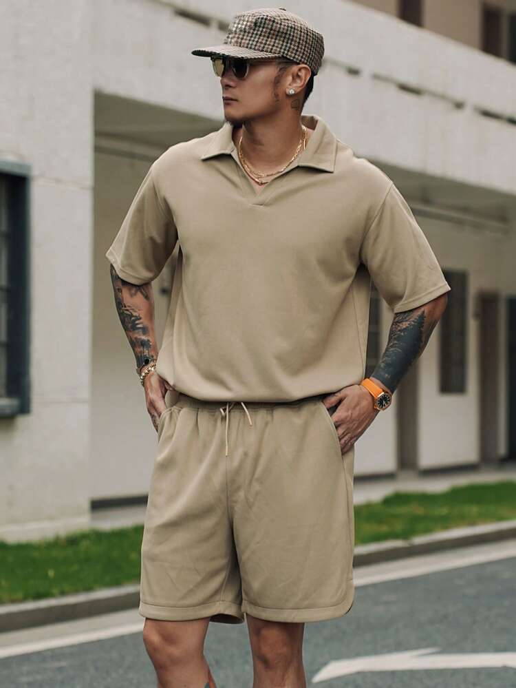 Summer Solid Color Golf Polo Collar Green T-Shirt Set For Men