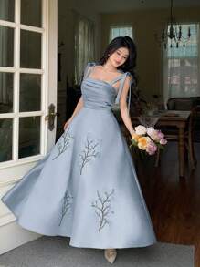 Feyla Women's Elegant Floral Embroidery Ruched Bodice Knot Shoulder Dress, Summer