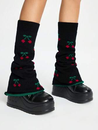 Kawaii 1 par de calentadores de pierna con vuelo y diseño de múltiples cerezas de estilo kawaii dulce en color negro