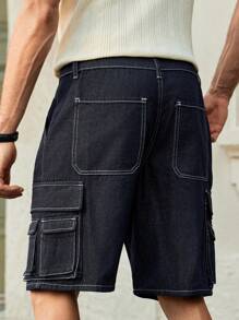 Manfinity VCAY 男士休闲多口袋中腰牛仔短裤 - 藍色 - 查看 2