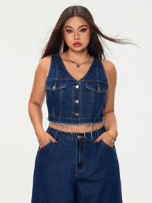 SHEIN EZwear 大码女式夏季酷炫辣妹牛仔夹克 - 深色水洗藍 - 查看 5