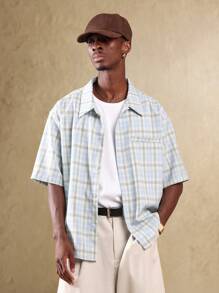 SUMWON Áo sơ mi Oxford tay ngắn cài nút cổ điển có túi ngực, áo phông nhẹ nhàng, phong cách đường phố, giản dị cho mùa xuân hè thu - Màu xanh lam - Xem 2