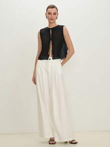 BizChic 2025 Summer New Music Festival Party Gathering Summer Top, Holiday Suitable For Wedding Guests, Brunch, Urban Fashion Commuter Daily Versatile Spring/Summer New Elegant Chic Daily Commute Work Date Vacation Breezy Graduation Season Black Pleated Tie-Bow Top - Black - View 8
