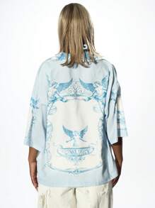 SUMWON WOMEN Blusa tipo resort con estampado de ángel, camisa abotonada, cubre-traje de playa de verano, ligera y oversize, con alas etéreas - Multicolor - Ver 2