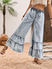 Breezaya 女士休闲松紧腰口袋宽松阔腿牛仔裤