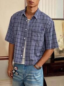 SWAVVY Standard Fit Men's Casual Loose Box-Type Check Plaid Button Up Shirt With English Embroidery, Blue And Purple - Purple - View 1