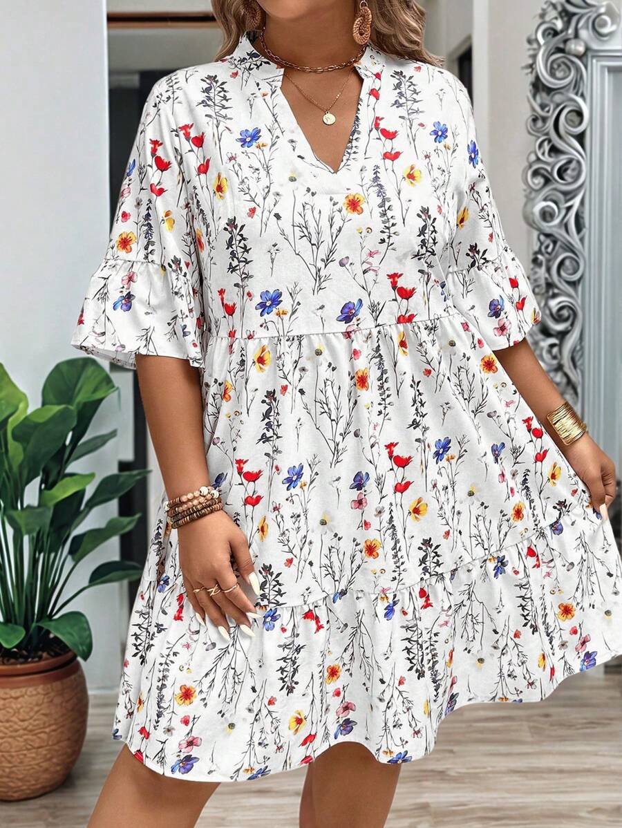 EMERY ROSE Plus Size Women's Summer Branch Floral V-Neck Dolman Dress With Ruffle Hem, Loose Fit - White - View 1