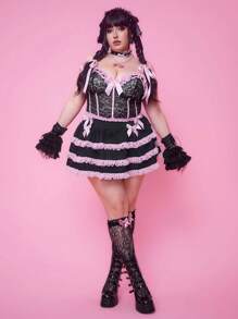 ROMWE Kawaii 加大码甜美撞色蕾丝荷叶边蝴蝶结装饰半身裙